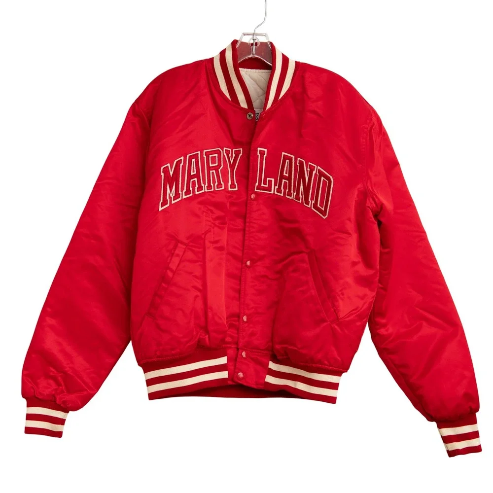 VTG Starter Maryland Terrapins Red Satin Varsity Bomber Jacket Men L Retro 80s - Picture 1 of 8